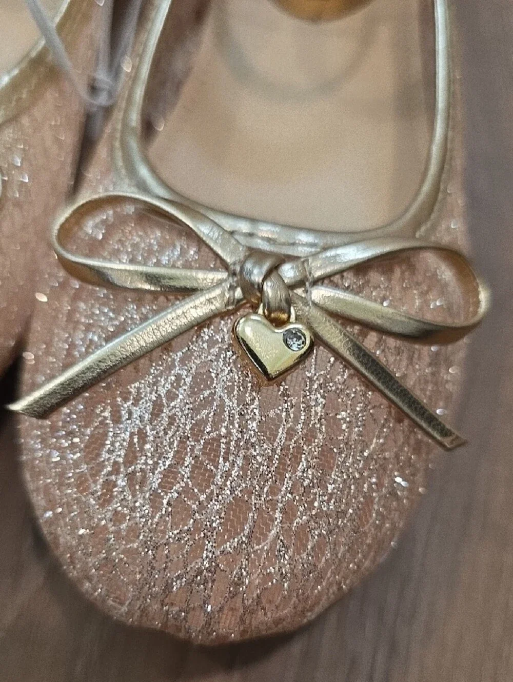 Girl's Shimmery Rose Gold Ballet Flats with Ankle Strap. Size 2.